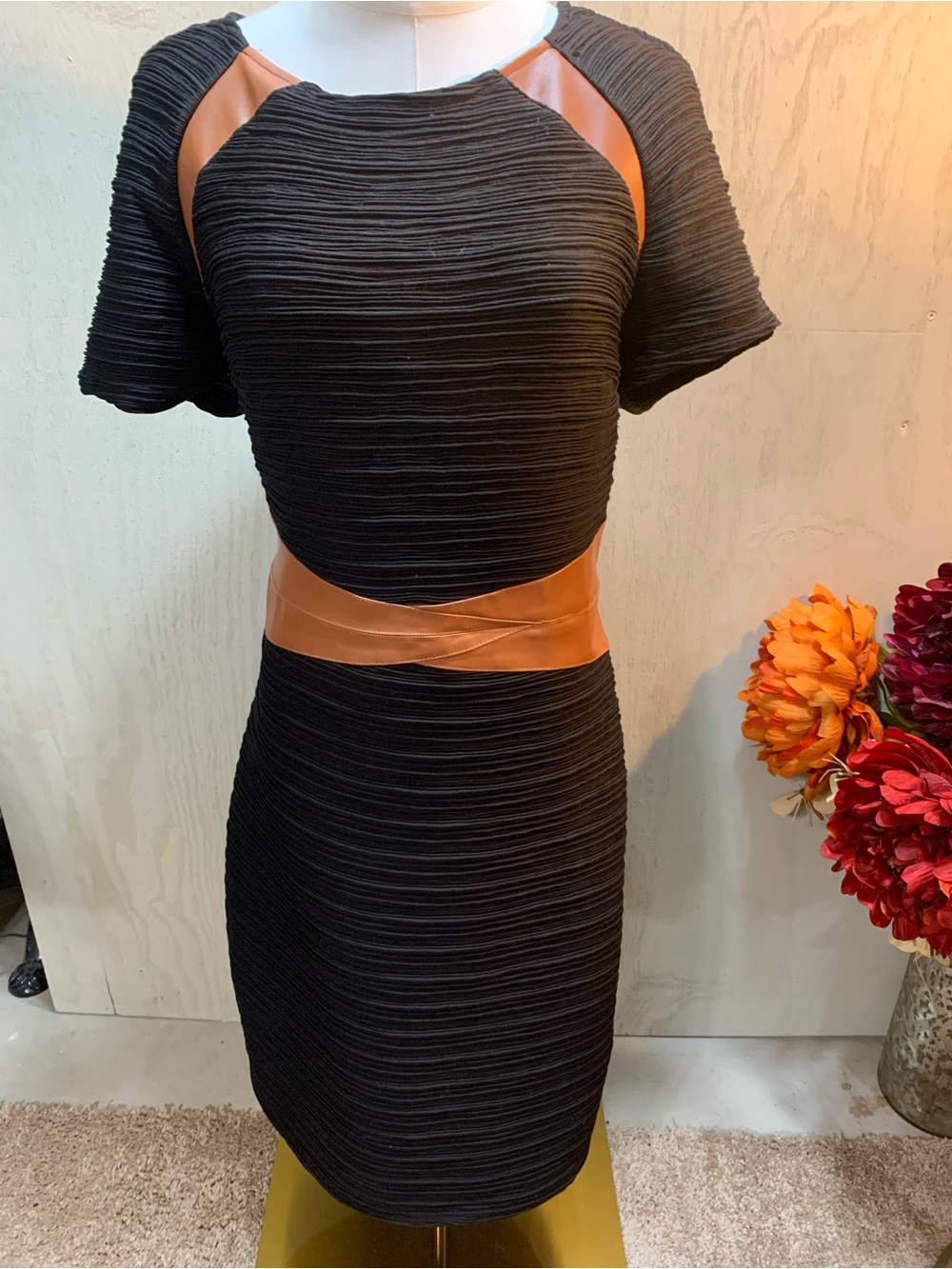 New York & Company Black Dress with Tan Faux-Leather Accents